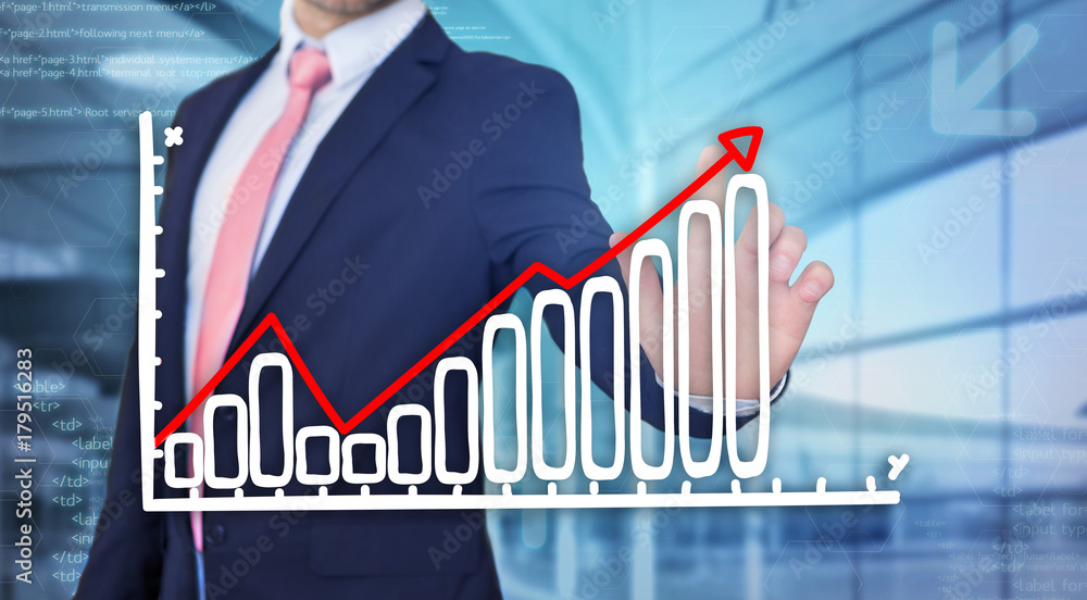 Poster businessman touching technology interface with financial curve and graph