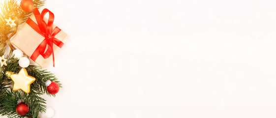 Christmas background with christmas balls, gifts and decoration