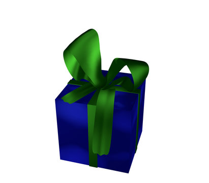blaues Geschenk mit grüner Schleife auf weiß isoliert