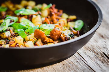 rosted chanterelles and potatoes with spring onions served in a black pan