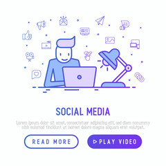 SMM manager is working overtime with laptop and lamp with thin line icons of thumbs up, share, link, send e-mail, music, stream, comment. Vector illustration for template of web page.