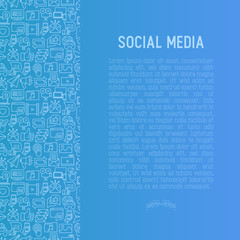 Social media concept with thin line icons: of thumbs up, share, link, send e-mail, music, stream, comments. Vector illustration for banner, web page, print media.