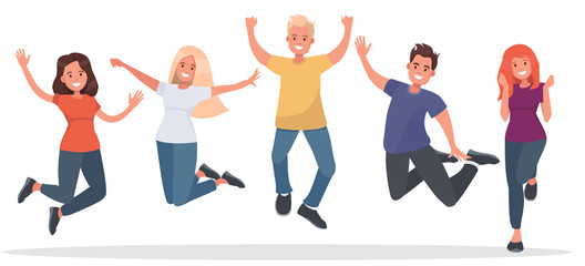 Group of young people jumping on white background. The concept of friendship, healthy lifestyle, success. Vector illustration in flat style.