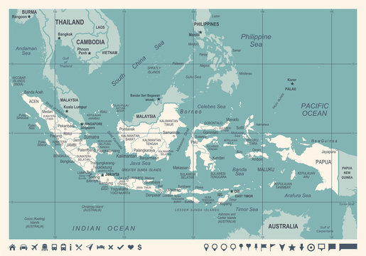 Indonesia Map - Vintage Vector Illustration