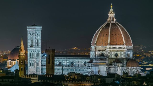 Basilica di Santa Maria del Fiore in Florence at night timelapse - viewed from Piazzale Michelangelo