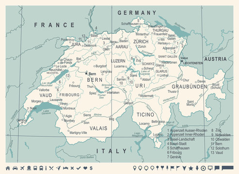 Switzerland Map - Vintage Vector Illustration