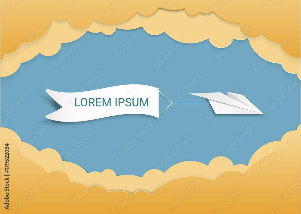 Poster paper art with origami paper airplane and bank flag . copy space for text