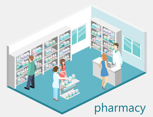 Isometric interior of pharmacy. Flat 3D infographic illustration