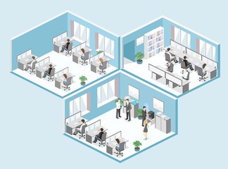 Flat 3d isometric office floor interior departments concept vector.