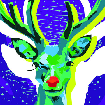 Geometric Christmas Reindeer in Purple, Green and Blue