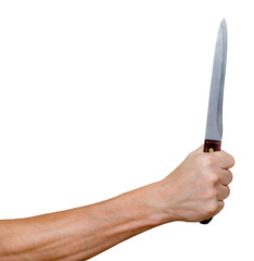 Man's hand with knife in fist. Aggression, crime or self-defence. Isolated on white.