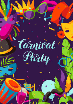 Carnival party background with celebration icons, objects and decor