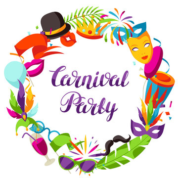Carnival party frame with celebration icons, objects and decor