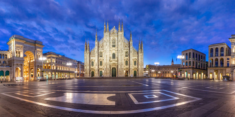 Panorama of the Piazza del Duomo, Cathedral Square, with Milan Cathedral or Duomo di Milano, Galleria Vittorio Emanuele II and Arengario, during morning blue hour, Milan, Lombardia, Italy - obrazy, fototapety, plakaty