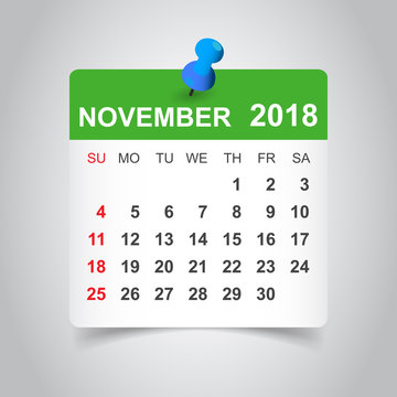 November 2018 calendar. Calendar sticker design template. Week starts on Sunday. Business vector illustration.