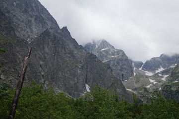 Nature in High Tatras in Slovakia. Mountains of rocky rocks cliffs and waterfalls suitable as background pictures of wishes, banners.