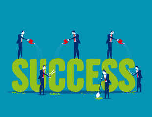 Business people with care plant shape and watering of the word success. Concept business vector illustration. Flat design style.