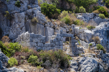 Fototapeta na wymiar Ancient city of Simena, sunken cty of Kekova, Lycian coast, Lycia, Mediterranean