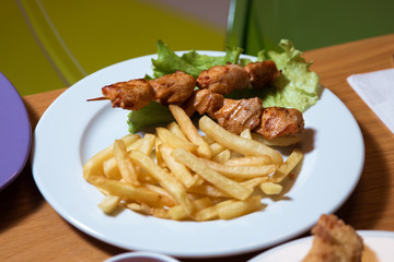 Chicken kebab with cartilage fry in the plate . Grilled chicken on bamboo skewers, close up view. Cartoon