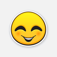 Vector illustration. emoticon for expressing emotion of joy, with smile and squint eyes. Happy emoji character. Icon for expression of feelings. Sticker with contour. Isolated on white background