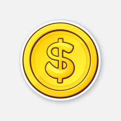 Vector illustration. Gold coin of American dollar. Cash money. Symbol of business, economy and finance. The symbol of world currencies. Sticker with contour. Isolated on white background
