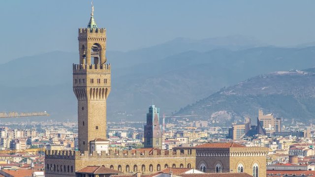 Palazzo Vecchio timelapse on piazza della Signora in the morning as seen from Piazzale Michelangelo. Florence, Italy.