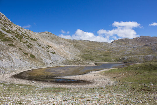 " Cammino dei Briganti " : Duchessa lake, between Murolungo and Morrone mountains , Marsica, Italy.