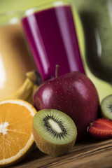 Sport diet,Cocktails, fitness, wooden background 
