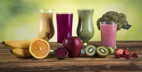 Sport diet,Cocktails, fitness, wooden background 
