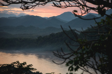 Colorful Sunset over the Mountains and Mekong River, Luang Prabang, Laos