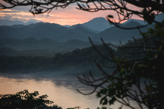 Colorful Sunset over the Mountains and Mekong River, Luang Prabang, Laos