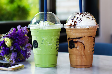 Blended coffee nutella and blended green tea