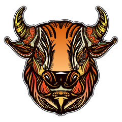 Bull head color tattoo and t-shirt design. Strong bull, symbol of power, aggression stikers, tattoo art