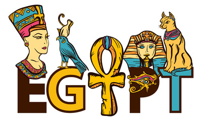 Fototapeta na wymiar Ancient Egypt seamless pattern, old school tattoo. Egypt - slogan. Pharaoh, ankh, eye Ra, Nefertiti, cat. Ancient Egypt art pattern. Classic flash tattoo style