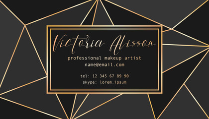 Abstract tirangles low poly business card. Geometric black shapes, gold gradient, makeup artist template conceptual vector illustration.