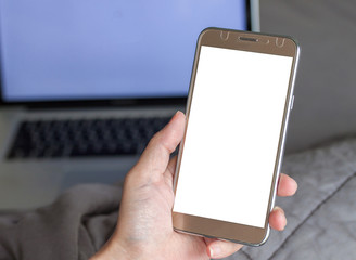 Using smartphone with white screen, mobile device and wireless technology