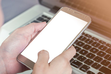 Using smartphone with white blank screen background, wireless technology and social networking device
