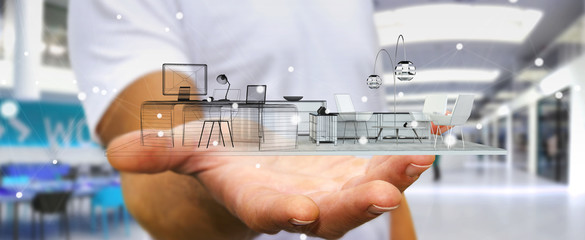 Businessman holding white 3D rendering apartment