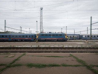 Fototapeta na wymiar Hungary train station, blue train in Hungary on September 2017