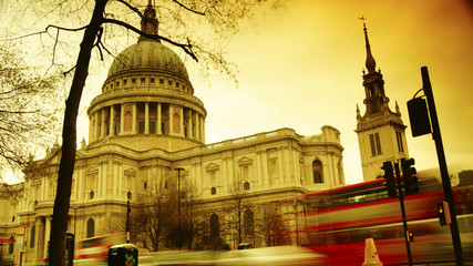 St Pauls Cathedral with cars and red bus passing, LONDON, ENGLAND, long exposure