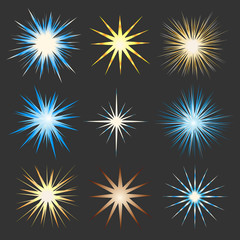Glowing blue and golden twinkle stars sparkle glitter vector set icons.