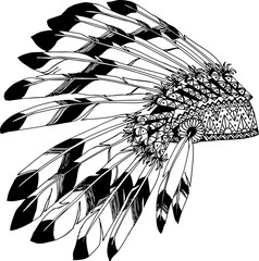 Native American chieftain headdress with feathers. Indian card in a sketch style. Hand drawn patterns for coloring.  - 179530484