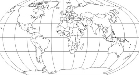 World map with smoothed country borders. Thin black outline on white background.