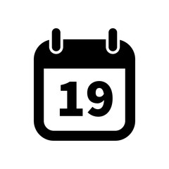 Simple black calendar icon with 19 date isolated on white