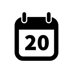 Simple black calendar icon with 20 date isolated on white