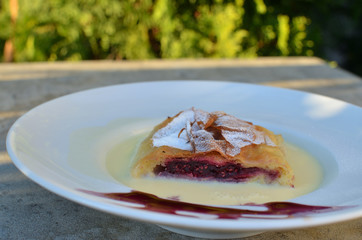 Slice of a delicious raspberry pie in rich vanilla cream