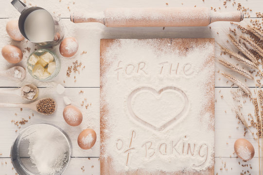 Love baking background, flour with drawn heart