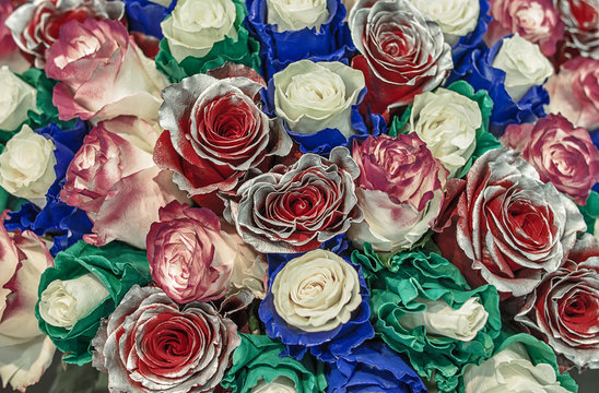 Bouquet of unusual roses. Flowers chameleons with blue and green petals along the edges and the red roses with silver coloring of the petals