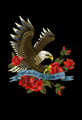 Embroidery with roses and an eagle-symbol of freedom. Vector illustration.