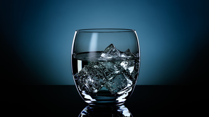 Alcohol drink with ice cubes served in modern glasss on blue background